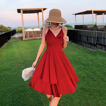 Woman A-line Dress Sleeveless V-neck Sexy Chiffon Halter Vestidos Beach Style Solid Backless Sashes Ruffles Knee-length Dresses 
Woman A-line Dress Sleeveless V-neck Sexy Chiffon Halter Vestidos Beach Style Solid Backless Sashes Ruffles Knee-length Dresses