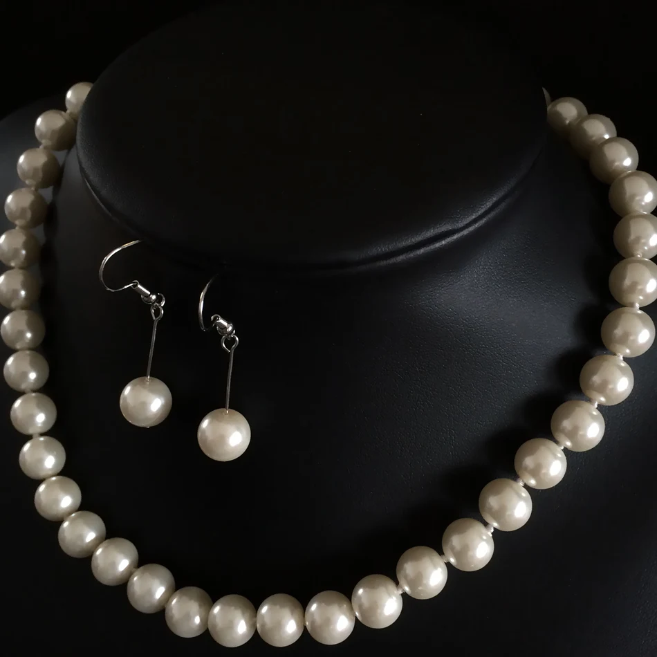 

Красивые белые бриллианты 8 мм, классические круглые бусины с искусственным жемчугом, ожерелье, серьги для женщин, ювелирные изделия 18 дюймов BV269