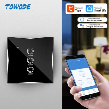 Towode APP Control EU Standard WiFi Switch Wall Touch Switch Work with Alexa,3 Gang 3 Way Switch, AC 100-240V
Towode APP Control EU Standard WiFi Switch Wall Touch Switch Work with Alexa,3 Gang 3 Way Switch, AC 100-240V