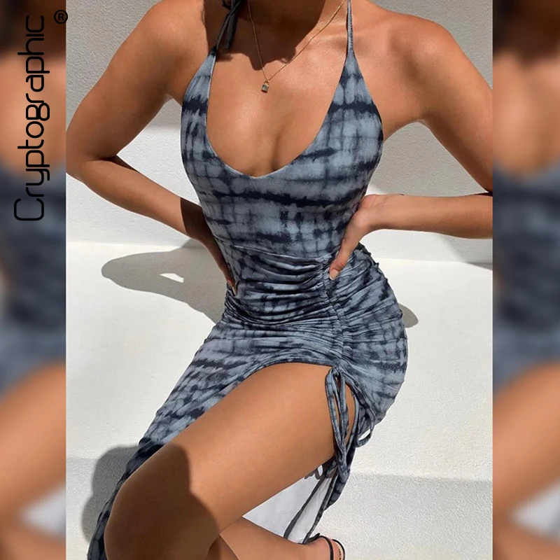 

Cryptographic Sleeveless Ruched Slit Women's Maxi Dresses Party Club Outfits Fashion Print Sexy Backless Dress Elegant Clothes