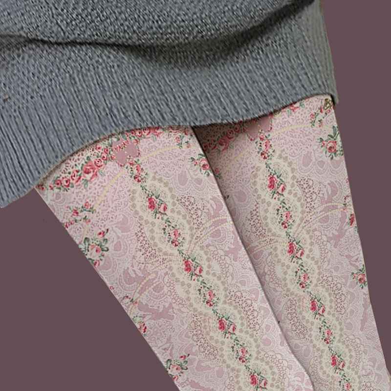 Фото Женские винтажные колготки 80D с принтом бархатные кружевные розы в стиле Лолиты