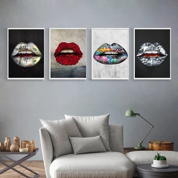 

Creative Color Mouths Canvas Painting Sexy Red Lips Flower Posters and Prints Wall Art Pictures for Living Room Home Decoration