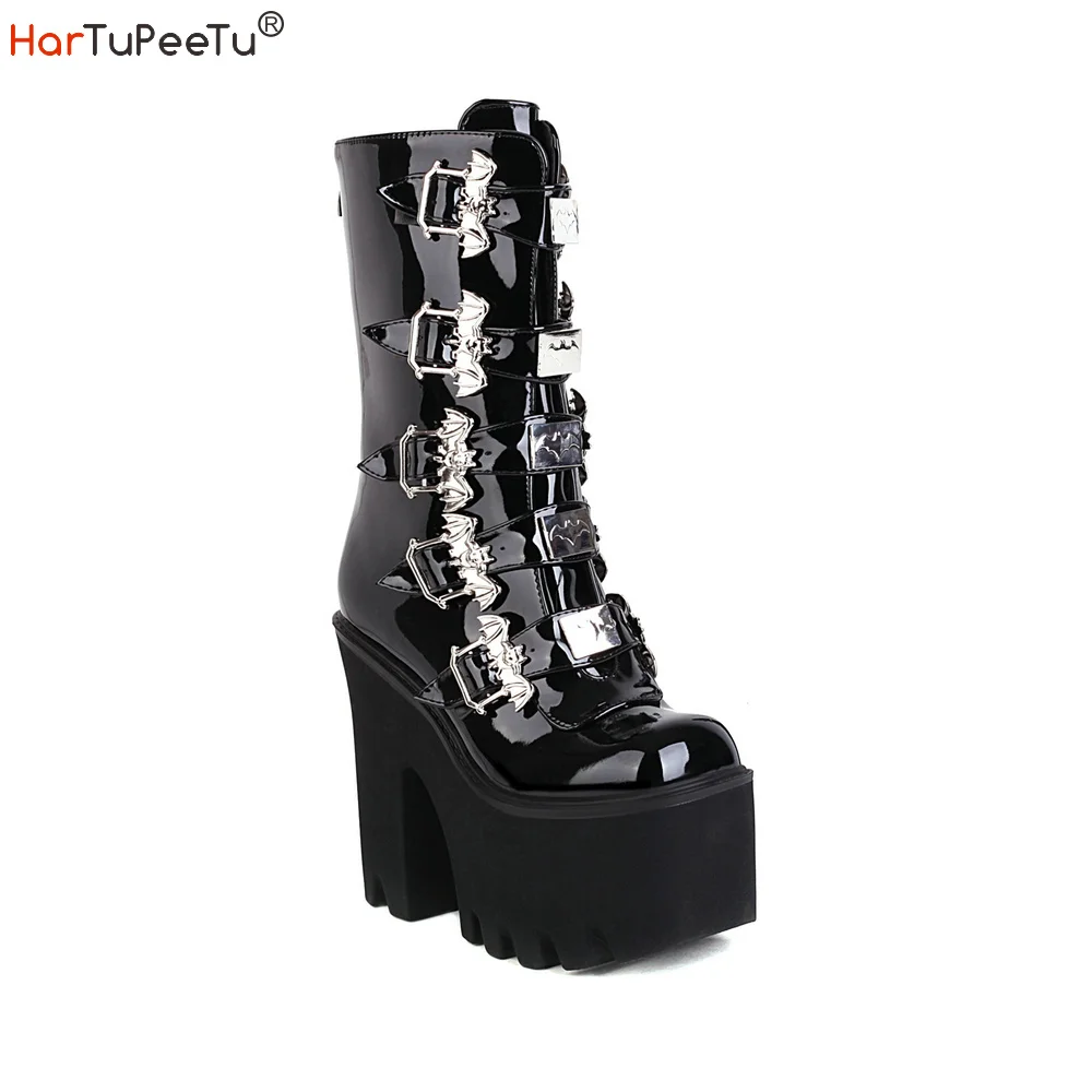 

Women Platform Boots Chunky Block Ultra High Heels Studded Bat Buckles Goth Punk Black Combat Booties Lug Sole Cosplay Shoes