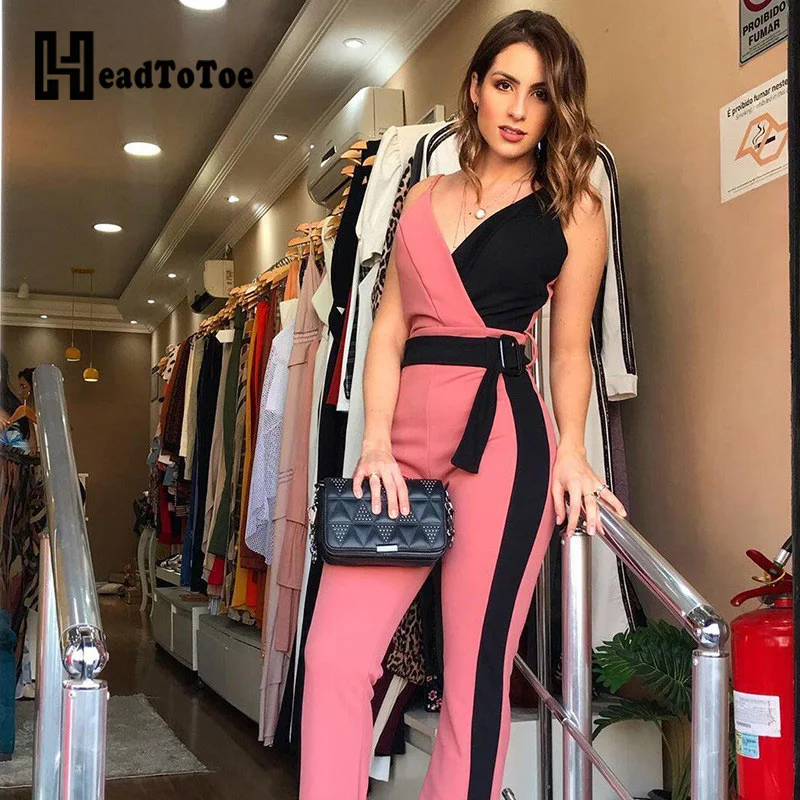 Women Sleeveless Spaghetti Strap Jumpsuits Ladies Hit Color V-neck One Piece Overalls Summer Casual Jumpsuits 
Women Sleeveless Spaghetti Strap Jumpsuits Ladies Hit Color V-neck One Piece Overalls Summer Casual Jumpsuits