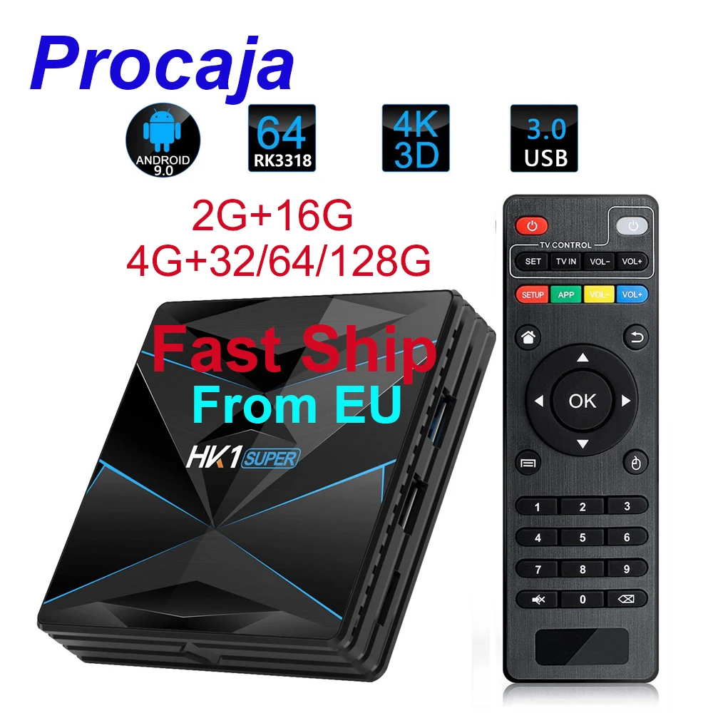 

Procaja HK1 super Android 9.0 Smart TV Box HK1super Android TV BOX 2G/4G RAM 16G/32G/64G/128G ROM RK3318 Quad-Core Set top box