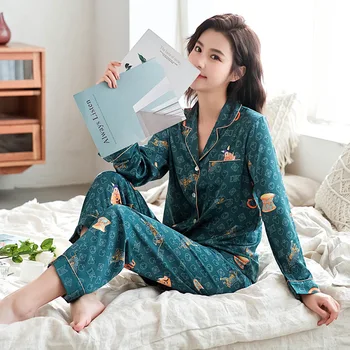 Fiklyc Pajamas Women's Spring Long-Sleeved Silk Cartoon Printing Thin Section Wide Loose Shirt Two-Piece Suit Home Service 
Fiklyc Pajamas Women's Spring Long-Sleeved Silk Cartoon Printing Thin Section Wide Loose Shirt Two-Piece Suit Home Service