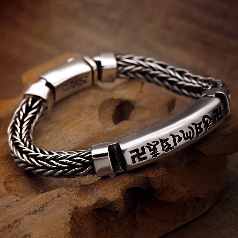 

100% 925 Sterling Silver Tibetan Buddhism Men Bracelet Six Words Mantra Retro Punk Rock Hand-woven Bracelets Thai Silver Jewelry