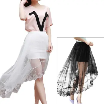 

Women Girls Summer High Waist Layered Sheer Mesh Swallowtail Midi Long Skirt Asymmetric Scalloped Lace Hem Pleated Party Dress