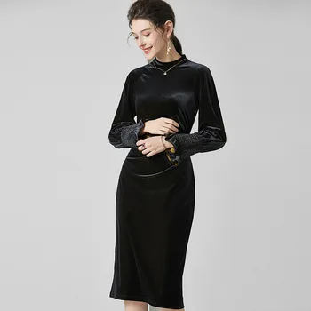 Women Dress Vintage Ladies Spring Autumn 2020 Gold Velvet Stand collar Flare Sleeve Solid Color Sexy Slim Elegant Party Dress 
Women Dress Vintage Ladies Spring Autumn 2020 Gold Velvet Stand collar Flare Sleeve Solid Color Sexy Slim Elegant Party Dress