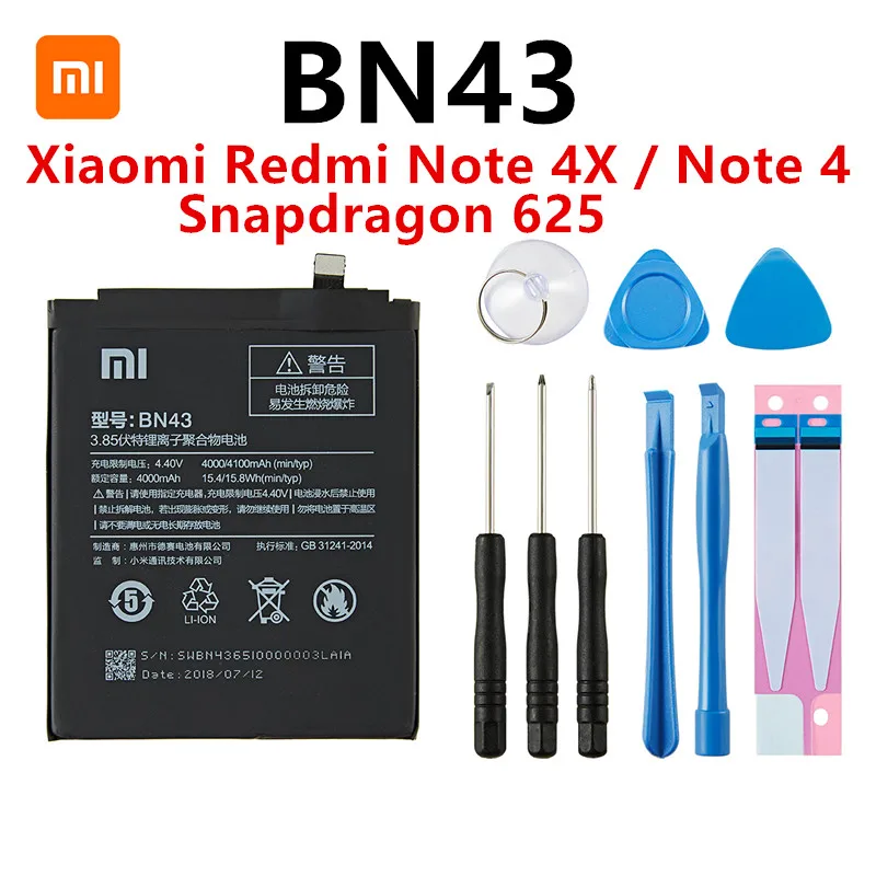 100% Orginal BN43 battery 4000mAh For Xiaomi Redmi Note 4X / Note 4 global Snapdragon 625 High Quality BN43 Battery +Tools
100% Orginal BN43 battery 4000mAh For Xiaomi Redmi Note 4X / Note 4 global Snapdragon 625 High Quality BN43 Battery +Tools