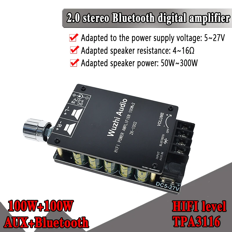 ZK-1002L Mini Wireless Bluetooth 5.0 TPA3116 Tablero de amplificador de audio de potencia digital 100W X2 Amplificador est/éreo AMP Home Theater
