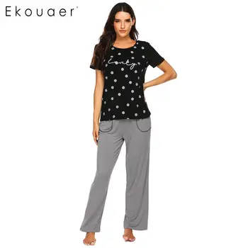 Ekouaer Women Sleepwear Pajamas O-Neck Short Sleeve Print Top Loose Solid Long Pants Summer Autumn Pajama Sets Lounge Wear 
Ekouaer Women Sleepwear Pajamas O-Neck Short Sleeve Print Top Loose Solid Long Pants Summer Autumn Pajama Sets Lounge Wear