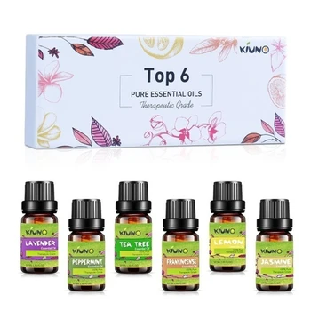 

KIUNO 10ML 6pcs Pure Essential Oils Gift Set Humidifier Aromatherapy Tea Tree Lavender Peppermint Lemon Jasmine Frankincense Oil