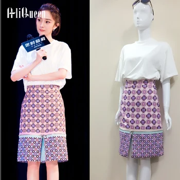 2019 Autumn Women Zipper Patchwork Geometric Print Runway Skirt Elegant High Waist Sexy Side Split Bodycon Lady Party Skirts