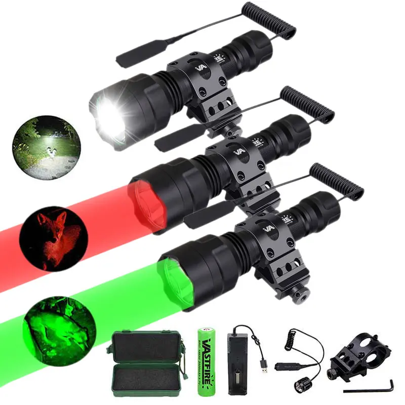 

5000LM C8 LED Flashlight Tactical Rifle Scope Hunting Torch Portable Lantern+Remote Switch+Rail Barrel Mount+18650+Charger+Box