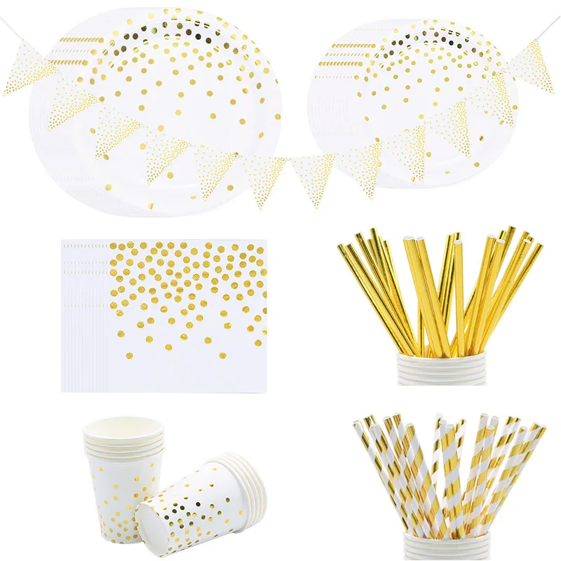 

Rose Gold Disposable Tableware Set Gold Straws Plate Paper Cup Napkin For Wedding Birthday Party Baby Shower Decoration Supplie