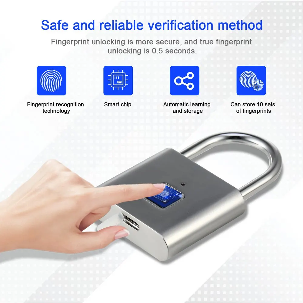 Intelligent fingerprint password padlock Smart Keyless Electronic Lock Safety Security padlock Door Luggage Case lock
Intelligent fingerprint password padlock Smart Keyless Electronic Lock Safety Security padlock Door Luggage Case lock