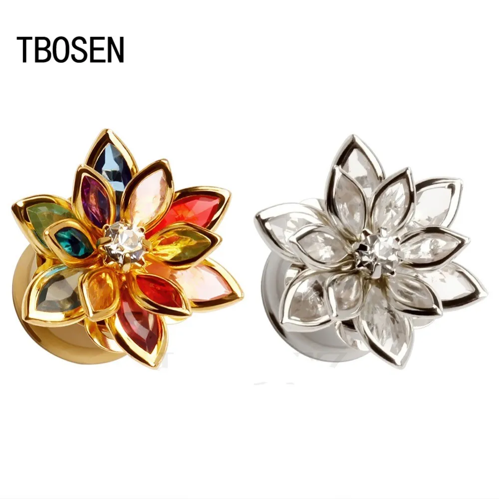 Фото TBOSEN new arrival fashion flower ear plugs stainless steel gold tunnels piercing gauges metal body jewelry pair selling | Украшения и
