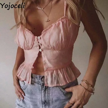 Yojoceli Sexy ruffle fitness camis women tops Summer pink strap button short crop top female Casual beach cool top 
Yojoceli Sexy ruffle fitness camis women tops Summer pink strap button short crop top female Casual beach cool top