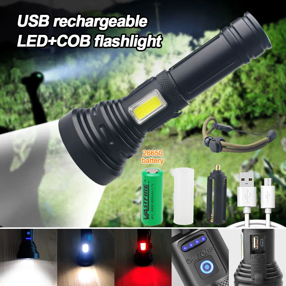 

Super Bright 50W COB Led Flashlight USB Rechargeable Torch IP65 Waterproof Outdoor Hunting Hiking Lantern Emergency Power Bank
