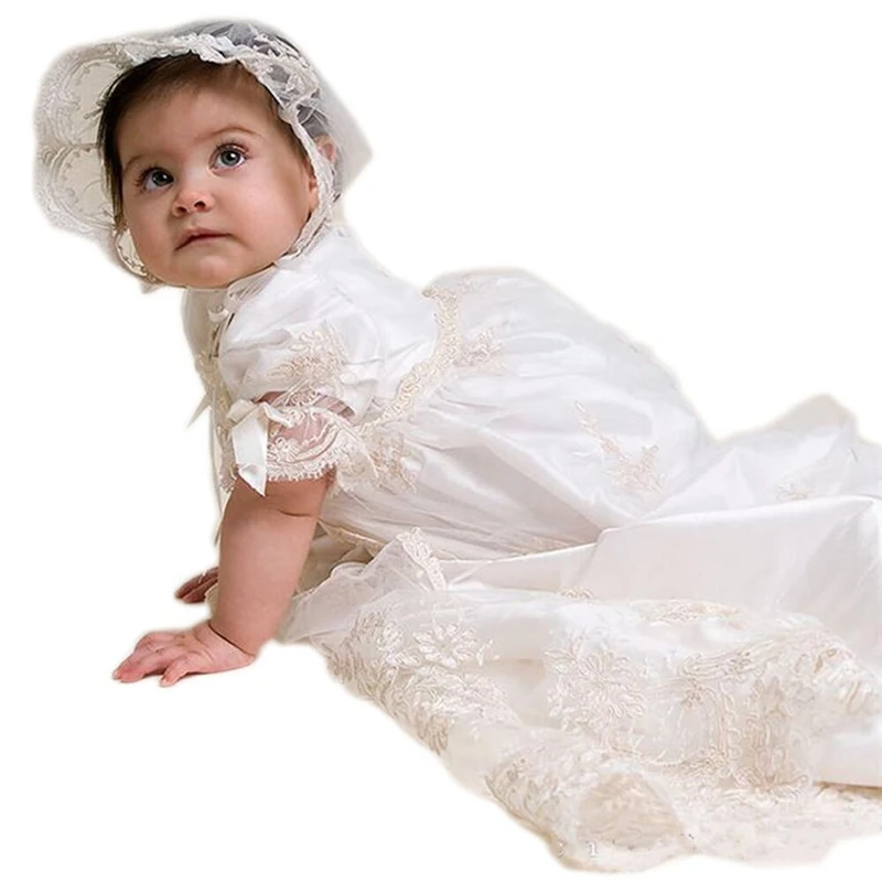 

Baby Christening Dress Set with Lace Cape Bonnet Hat Formal Clothes Newborn Baby Baptismal Outfits White Satin Baptism Dress