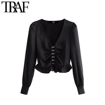 TRAF Women Vintage Stylish Deep V Neck Short Style Blouses Fashion Long Sleeve Ruffles Sexy Shirts Blusas Mujer Chic Tops 
TRAF Women Vintage Stylish Deep V Neck Short Style Blouses Fashion Long Sleeve Ruffles Sexy Shirts Blusas Mujer Chic Tops