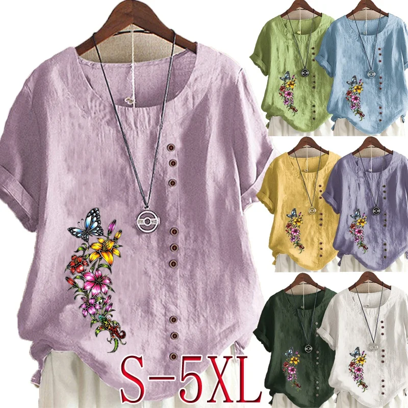 

Женская Летняя Повседневная блузка из хлопка и льна с принтом, футболка с круглым вырезом и короткими рукавами, свободная однотонная блузка