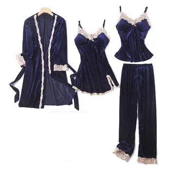 Women Blue Velour Pajamas Set Sexy Lace 4PCS Sleepwear Autumn Winter Pyjamas Suit Female Velvet Sleep Set Casual Home Clothes
Women Blue Velour Pajamas Set Sexy Lace 4PCS Sleepwear Autumn Winter Pyjamas Suit Female Velvet Sleep Set Casual Home Clothes