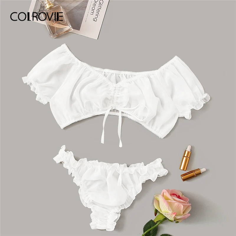 

COLROVIE Ruched Bardot Chiffon Top With Frill Trim Thong Women Sheer Intimates 2019 Sexy Sets Wireless Lace Up Underwear Set