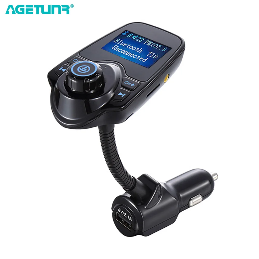 

AGETUNR T10 Bluetooth Car Kit Handsfree Set FM Transmitter MP3 Music Player 5V 2.1A USB Car Charger, Support AUX In and Out