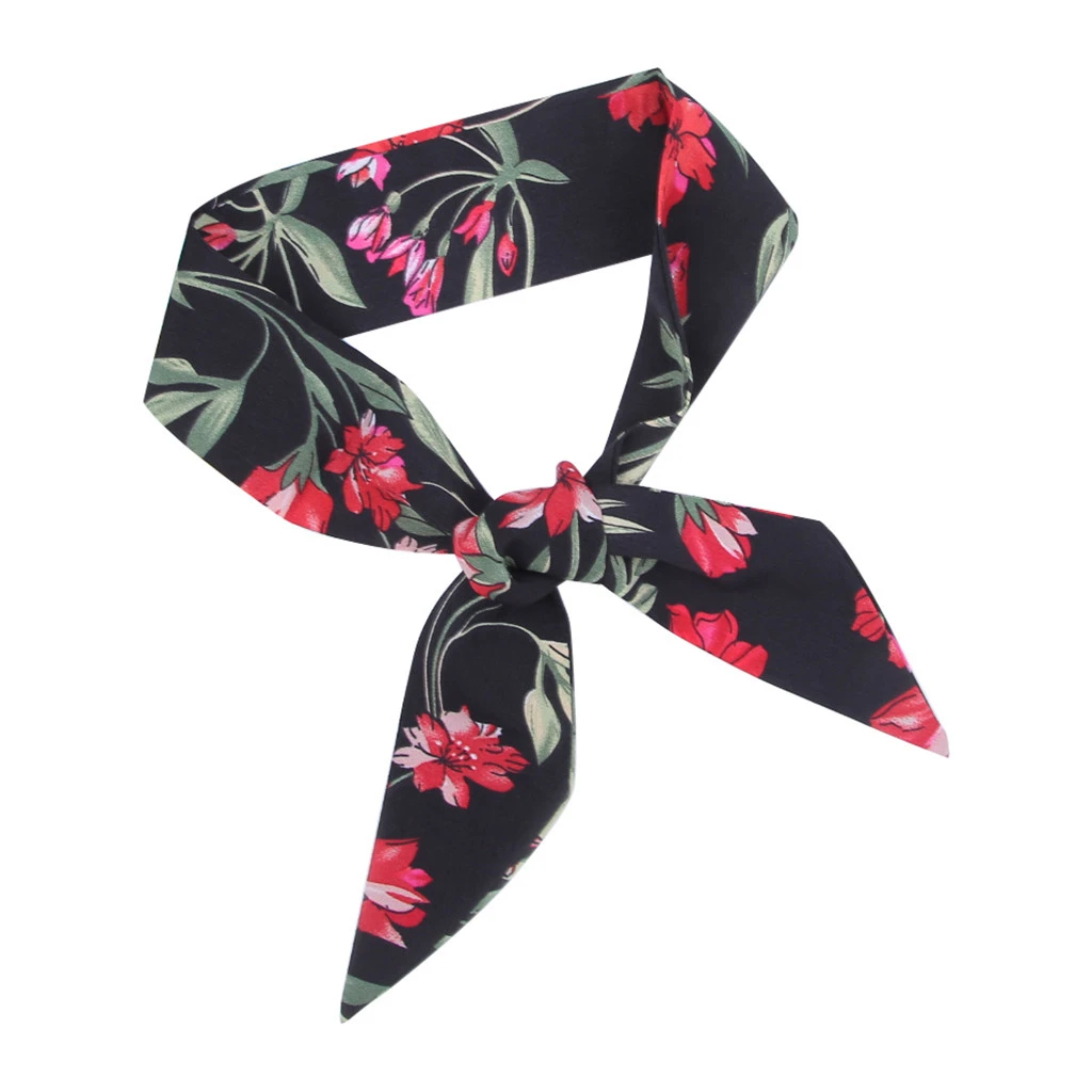 Square Scarf Hair Tie Band Flower Printing Business Party Women Elegant Small Vintage Skinny Retro Head Neck Scarf 919