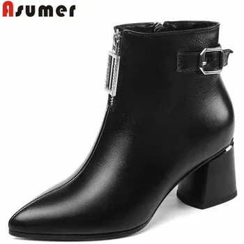 ASUMER Plus size 34-45 New full genuine leather boots pointed toe black buckle female ankle boots autumn winter boots 
ASUMER Plus size 34-45 New full genuine leather boots pointed toe black buckle female ankle boots autumn winter boots