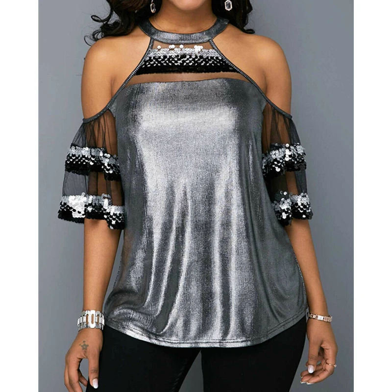 Fashion Sequin Blouses Mesh See-through Patchwork Blouse Shirts Ruffles Long Sleeve Summer Casual Women Blouse Halter Tops Shirt
Fashion Sequin Blouses Mesh See-through Patchwork Blouse Shirts Ruffles Long Sleeve Summer Casual Women Blouse Halter Tops Shirt