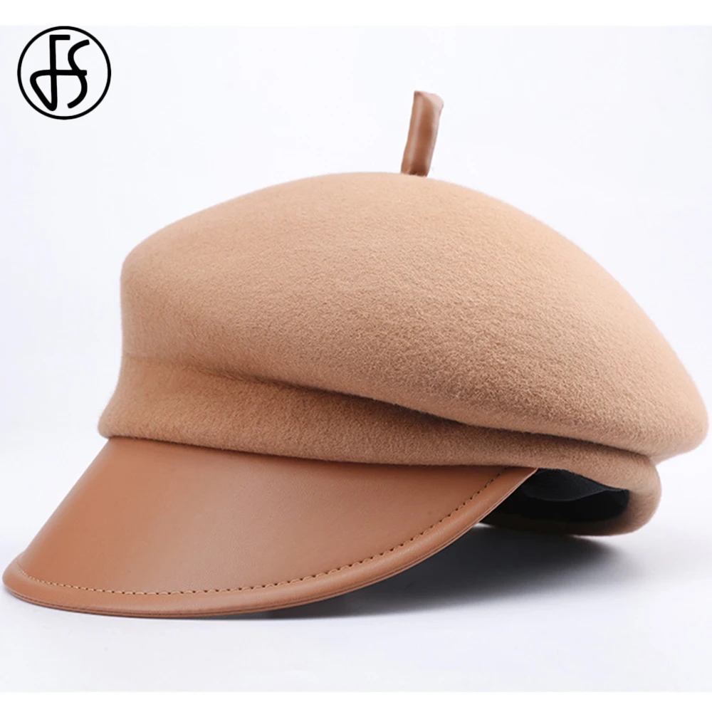 

FS 2021 Winter Wool Felt Leather Brim Women Newsboy Gatsby Cap Octagonal Hats Beret Ivy Visor Ladies Peaked Hat Painter Caps