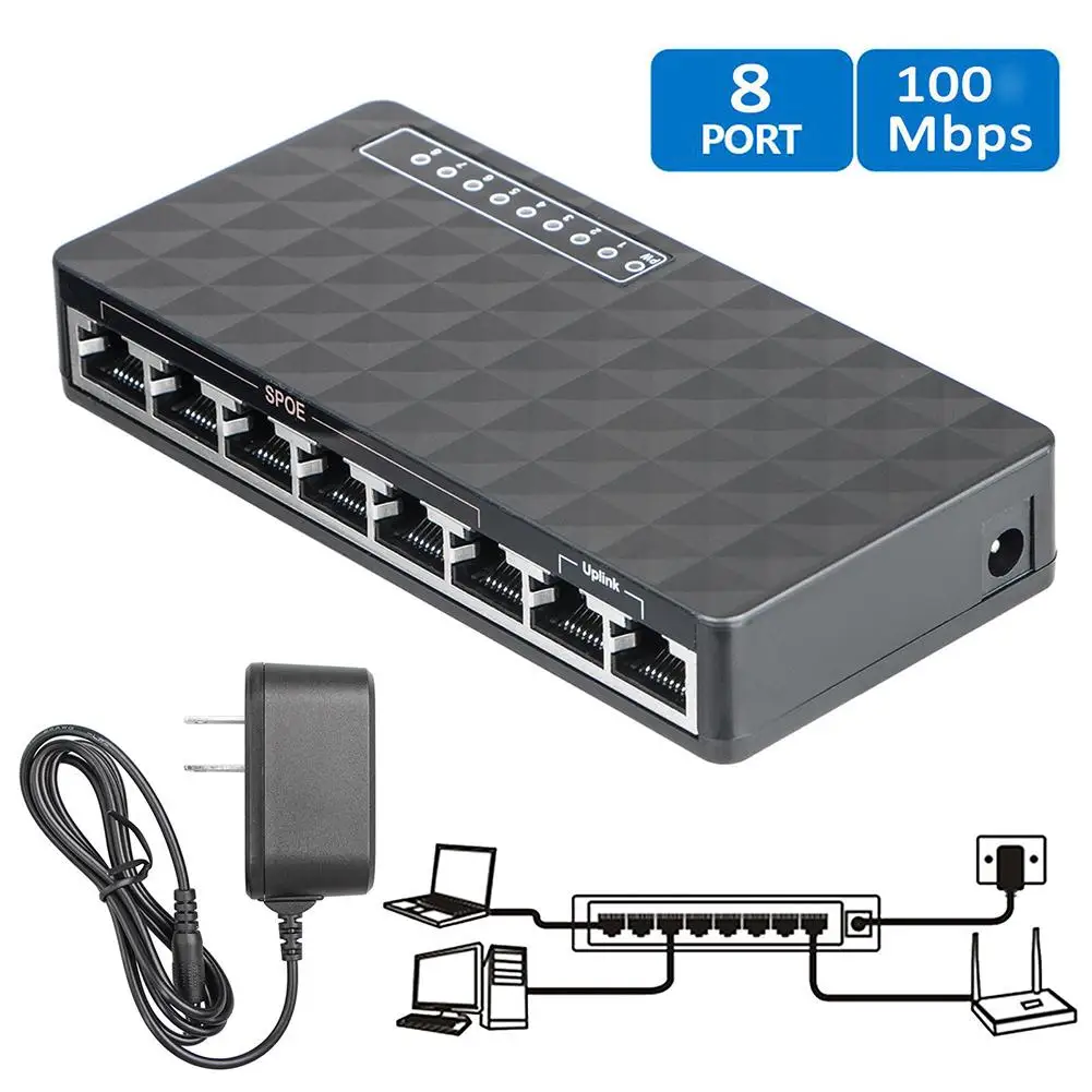 RJ45 Network Switch Hub 10/100 Mbps 8Port Desktop Fast Ethernet LAN RJ45 Network Switch Hub Adapter US Plug/EU Plug Accessories
RJ45 Network Switch Hub 10/100 Mbps 8Port Desktop Fast Ethernet LAN RJ45 Network Switch Hub Adapter US Plug/EU Plug Accessories