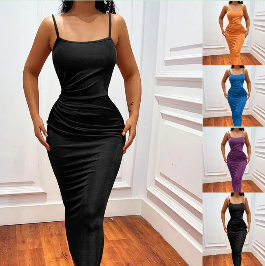 

SKMY Spring And Summer 2023 New Sexy Off Shoulder Solid Color Spaghetti Strap Dress Elegant Evening Party Women Clothing