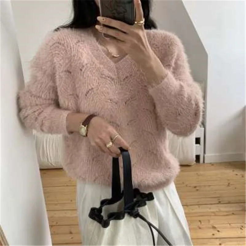 Mink Wool Sweater Women Tops Autumn Winter Korean Style Loose V-neck Hollow Pullovers Female Soft Warm Knit Jumpers 2020
Mink Wool Sweater Women Tops Autumn Winter Korean Style Loose V-neck Hollow Pullovers Female Soft Warm Knit Jumpers 2020