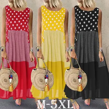 Women Polka Dot Check Print Cotton Linen Dress Lady 2019 Summer Beach Casual Sleeveless O-Neck Loose Maxi Dress Sundress M-5XL 
Women Polka Dot Check Print Cotton Linen Dress Lady 2019 Summer Beach Casual Sleeveless O-Neck Loose Maxi Dress Sundress M-5XL