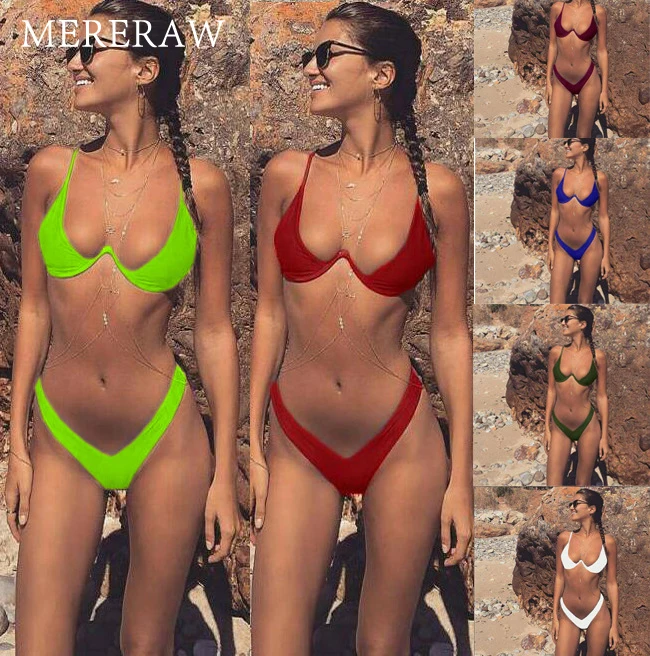 

New foreign trade explosion models personality gathered steel plate split 9 color bikini swimsuit Europe and America solid color