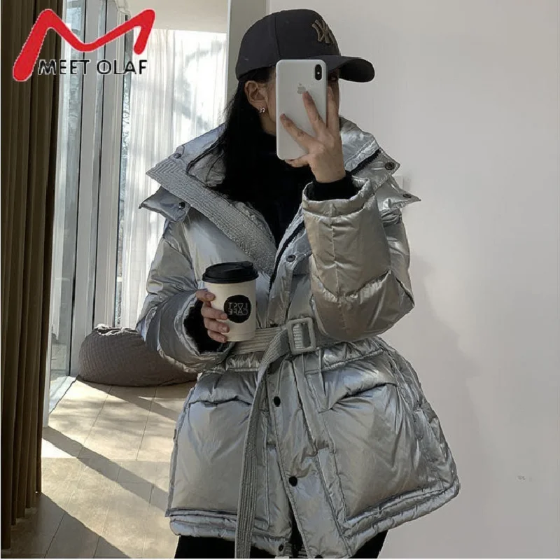 Casual Loose Glossy Hooded Down Jacket Women Fashion Solid Winter Thick Warm White Duck Coats Female Elegant Belt Parkas | Женская