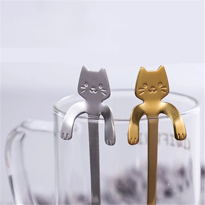 

10pcs/lot 5 colors Cat Spoon Soup spoon stainless steel vacuum plating long-handle coffee spoon hot drink kitchen tea spoons