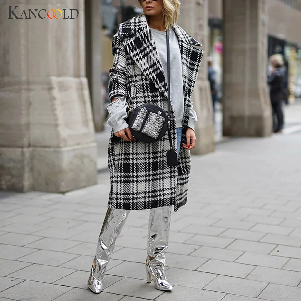 

KANCOOLD Women's Winter Plaid Fashion Elegant Print Long Sleeve Coat Coat Ms. Plaid Medium Thick Straight Cashmere Coat