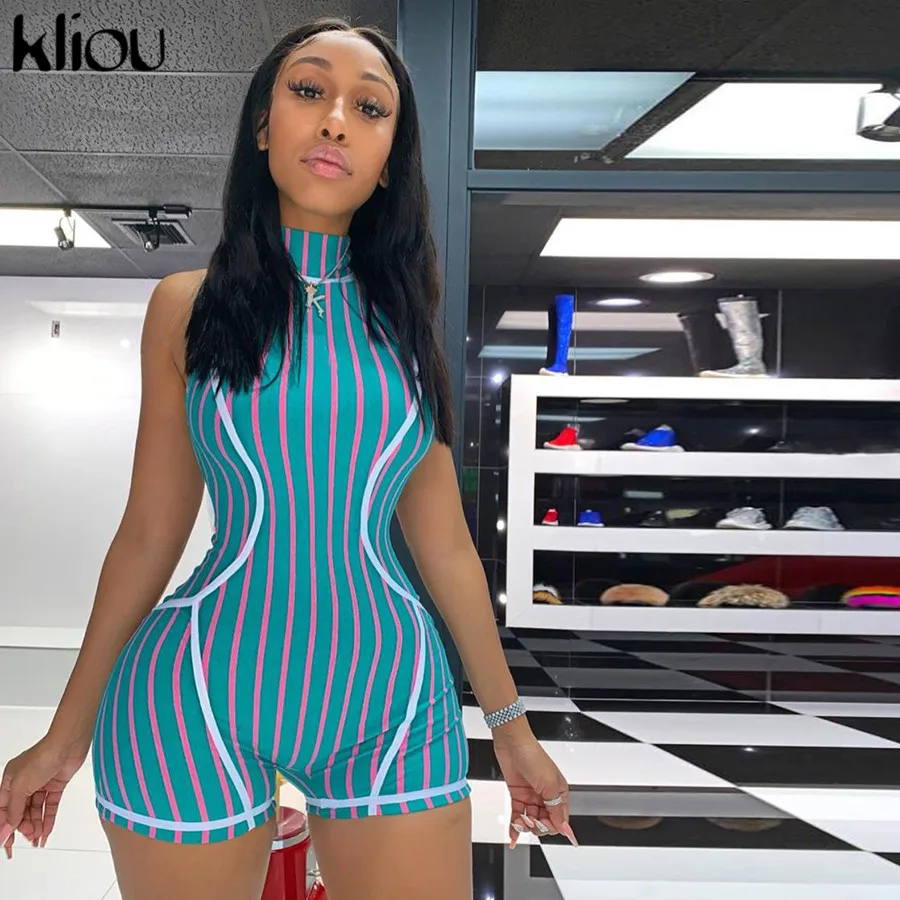 

Kliou women striped print playsuit zipper fly turtleneck short rompers 2019 fashion street female casual elastic skinny bodysuit