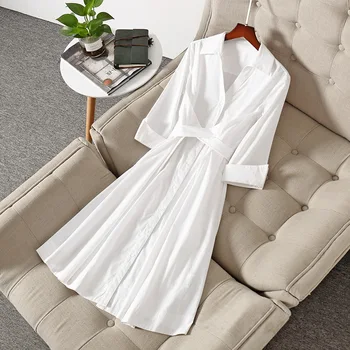 New 2020 women autumn dress twist waist elegant 3/4 sleeve a-line turn down collar mid-calf cotton white dresses blue
New 2020 women autumn dress twist waist elegant 3/4 sleeve a-line turn down collar mid-calf cotton white dresses blue