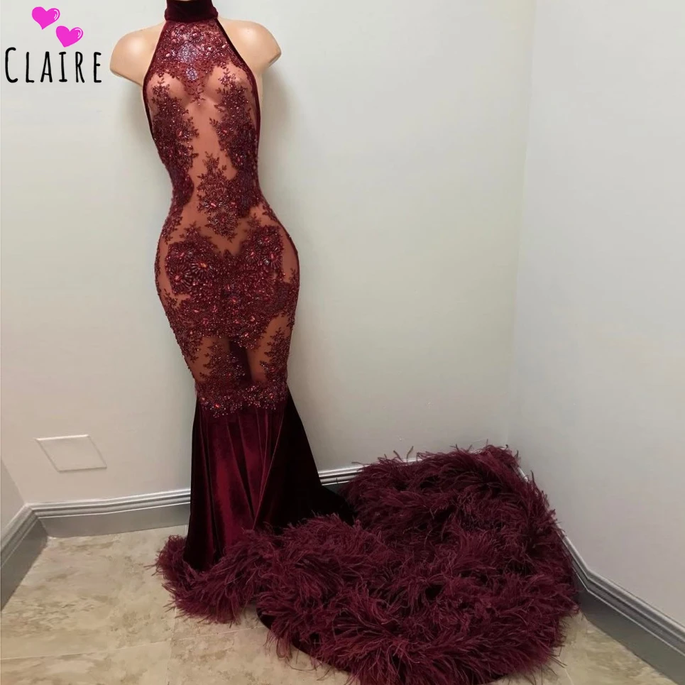 Burgundy Plus Size Prom Dresses 2019 Long High Neck See Through Open Back African Formal Evening Gowns Ostrich Feathers CP014
Burgundy Plus Size Prom Dresses 2019 Long High Neck See Through Open Back African Formal Evening Gowns Ostrich Feathers CP014