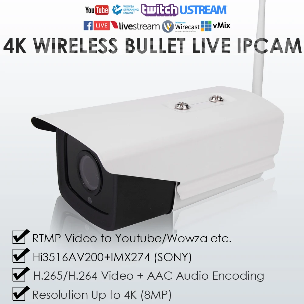4K 8.0MP Wireless WiFi Waterproof/Weatherproof IR Live Streaming IP Camera W/2.8mm Wide Angle Lens RTMP to YouTube/Facebook etc.
4K 8.0MP Wireless WiFi Waterproof/Weatherproof IR Live Streaming IP Camera W/2.8mm Wide Angle Lens RTMP to YouTube/Facebook etc.