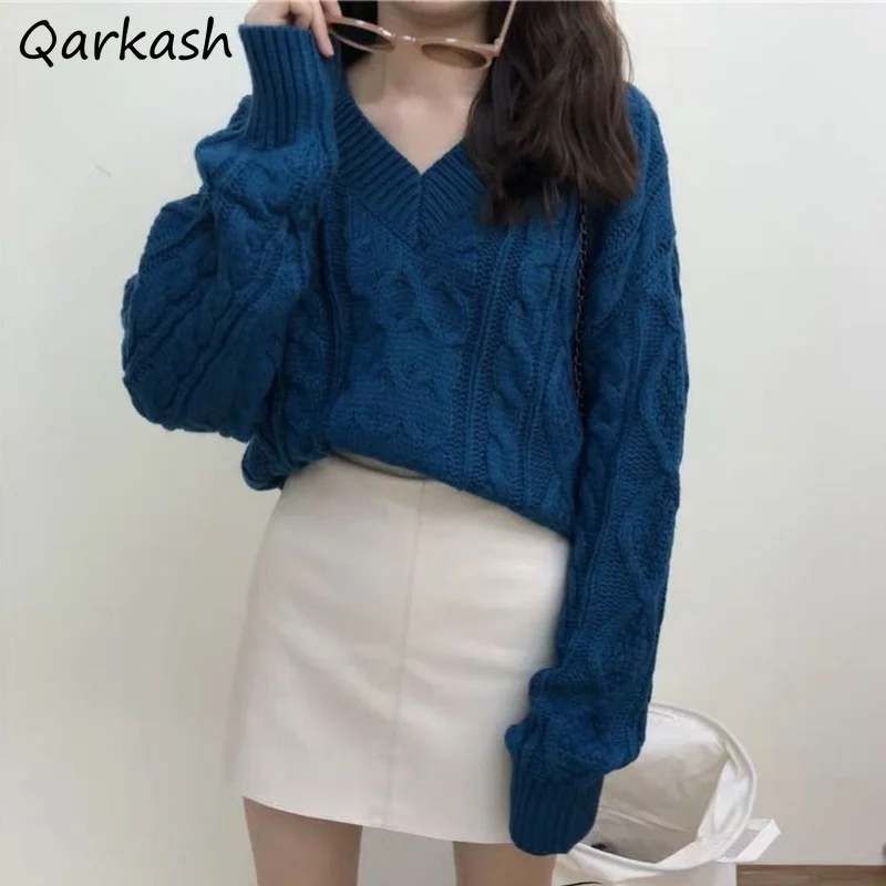 

Pullovers Women Sweater Harajuku V-Neck Simple Preppy Jumpers Elegant Knit Spring Fall Solid Outerwear Fashion 2021 Vintage Chic