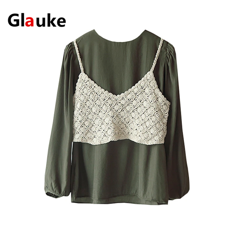 

GLAUKE 2020 spring han edition lace crochet plus condole belt pure color round collar shirt two piece