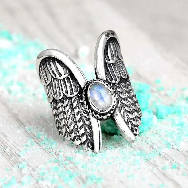 

Angel Wings Vintage 925 Thai Silver Moonstone Ring Engagement Wedding Gift Jewelry Ring Wholesale