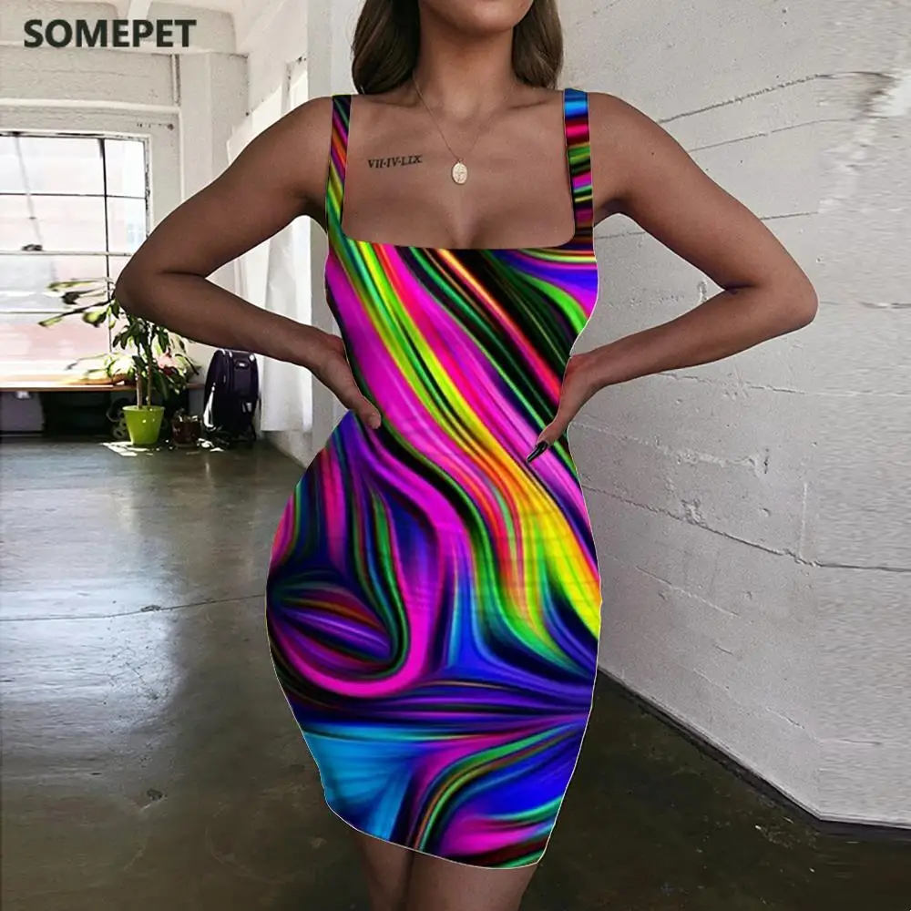 

SOMEPET Dizziness Dress Women Colorful Bodycon Dress Abstract Halter Sleeveless Psychedelic Sundress Womens Clothing Plus Size